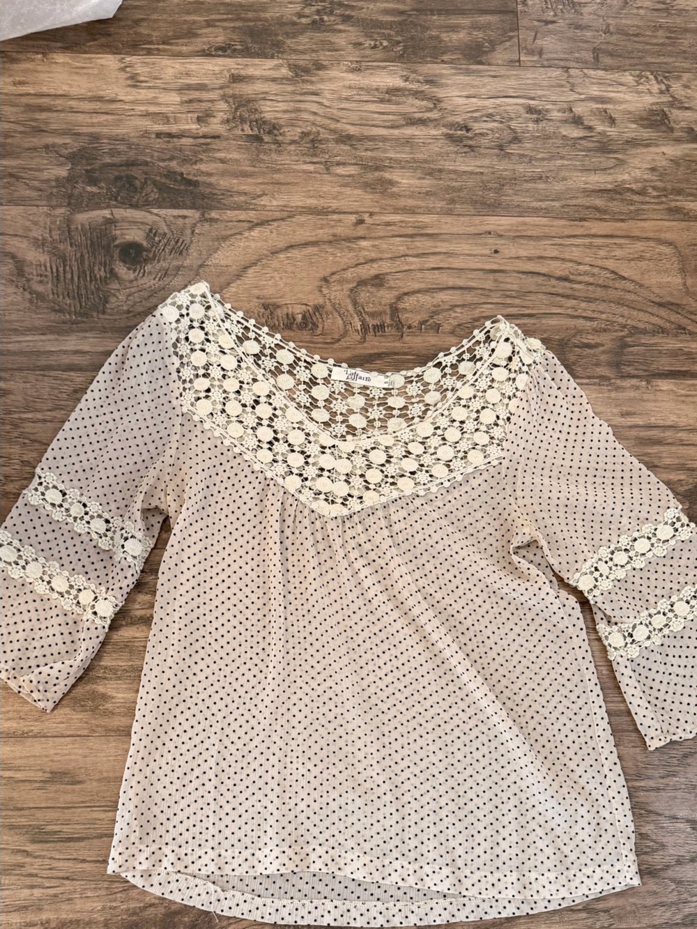La Femme Cream Polka Dot Crochet-Yoke Blouse
